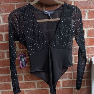 Black Graphic Tie Front Long Sleeve Bodysuit
